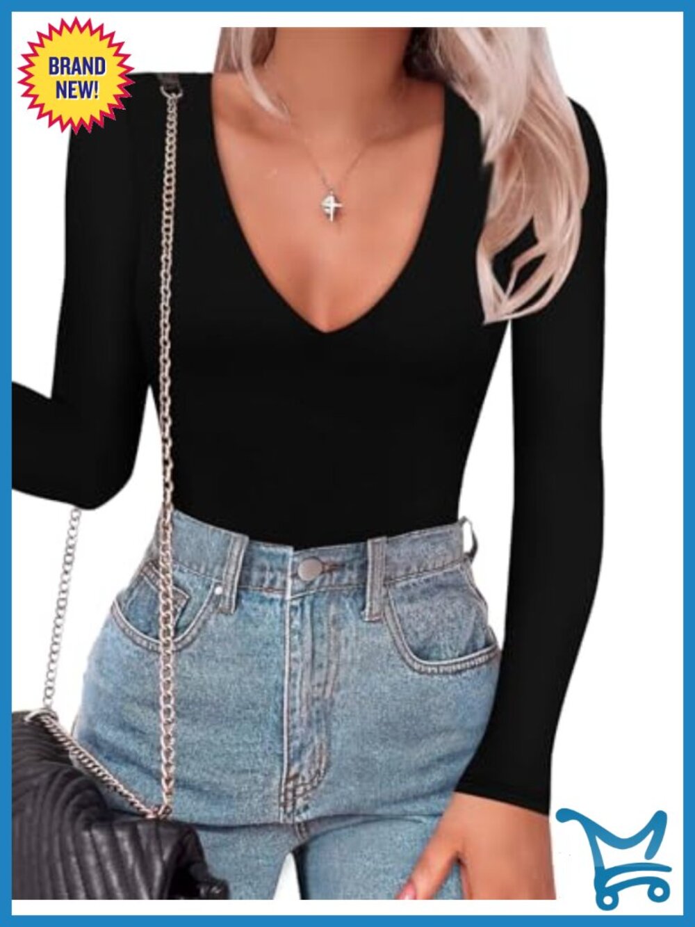 Plunge Deep V Neck Long Sleeve Bodysuit Double Lined Thong